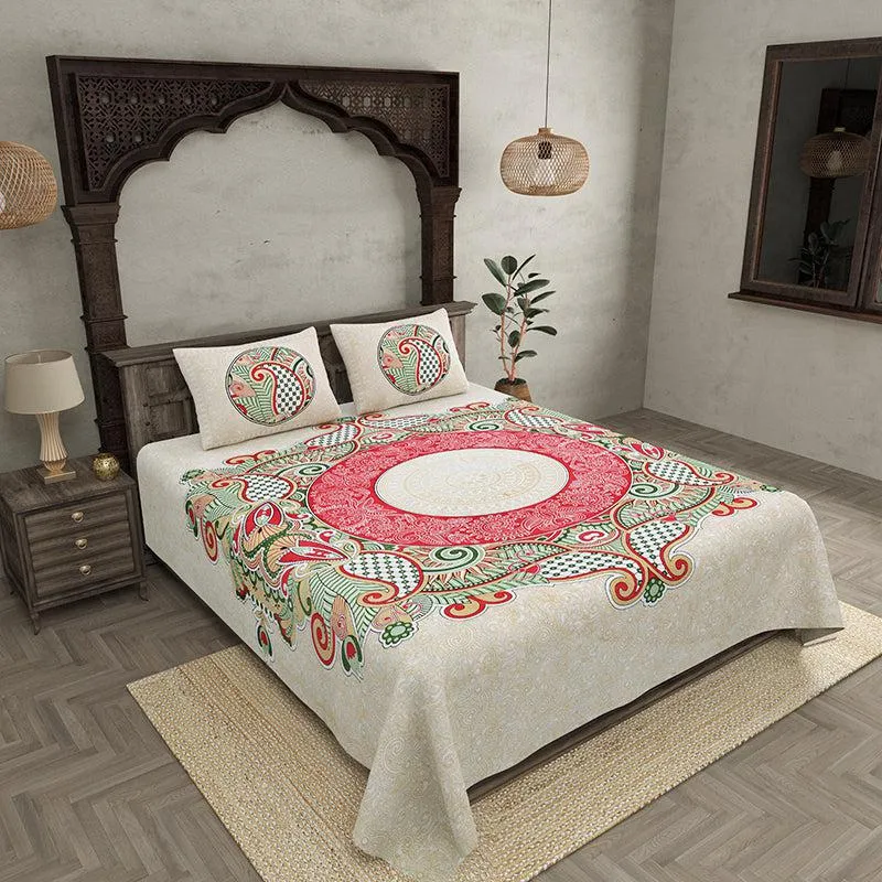 Padmini Pride Ethnic Cotton Bedsheet (Red) - 140 TC media 1