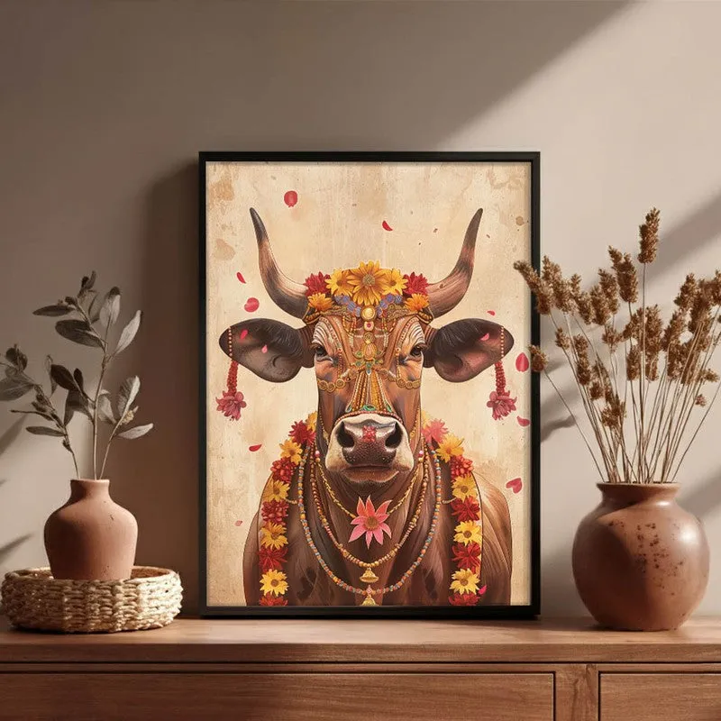 Divine Cow Traditional Canvas Wall Painting With Black Frame media 3