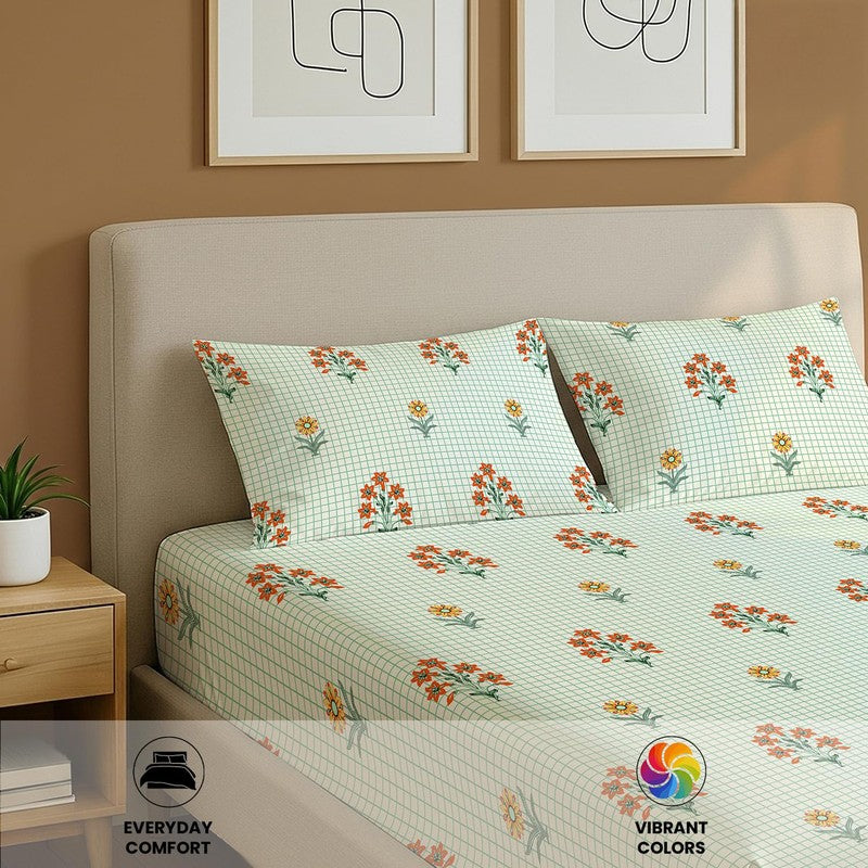 Green Meadows Floral Cotton Bedsheets (Green) - 144 TC media 6