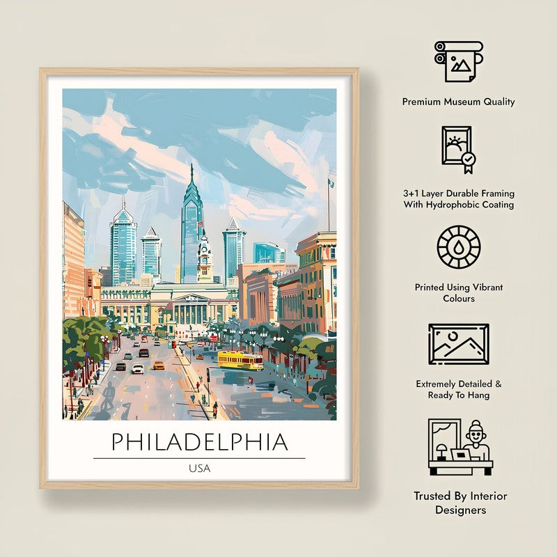 Vintage Philadelphia Framed Canvas Archival Canvas Wall Painting - Natural Brown Frame media 8