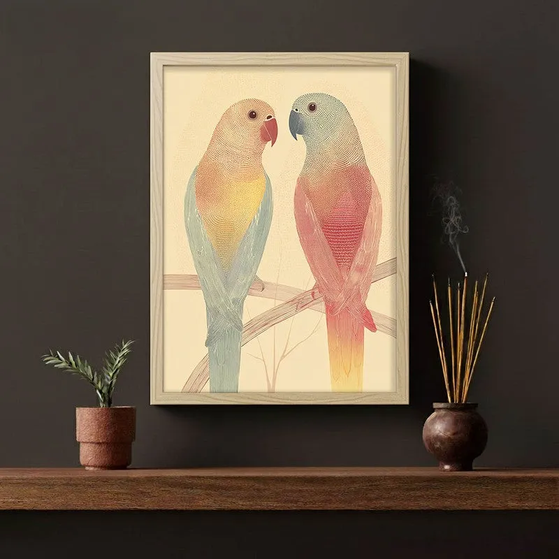 Lovebirds Illustration Canvas Wall Painting With Brown Frame media 3