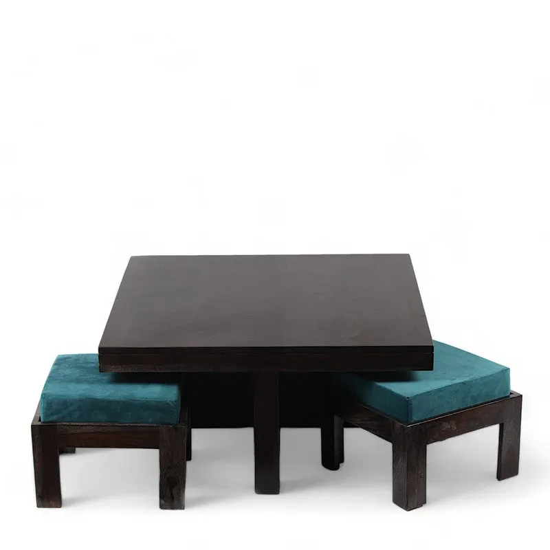 Evrino Sheesham Wooden Center Table with Stools and Cushions (Deep Brown,Blue) - Nine Piece Set media 5