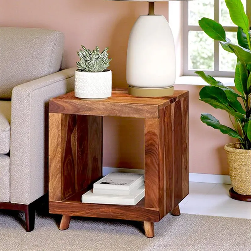 Qverox Sheesham Wooden Side & Bedside Table - Light Brown media 1