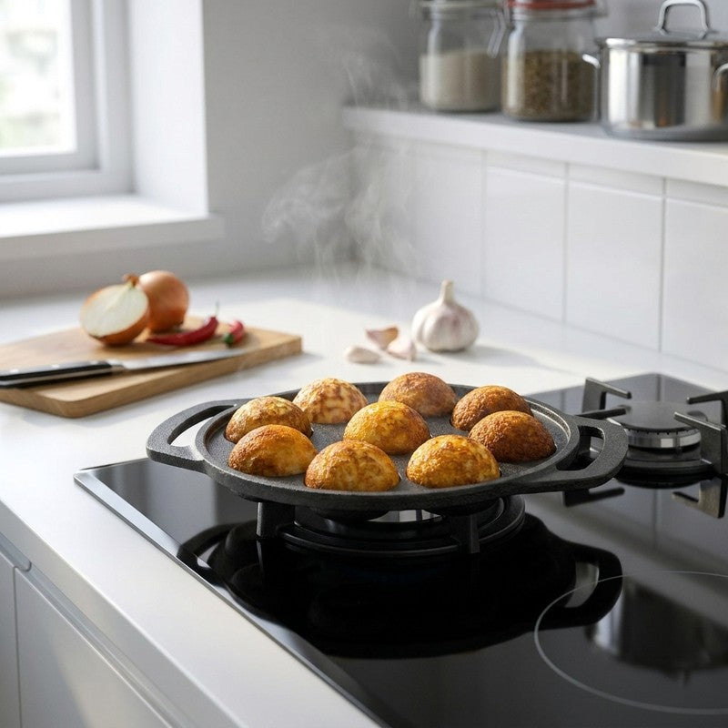 Round Ease Cast Iron Non-Stick Paniyaram & Appam Pan - Black