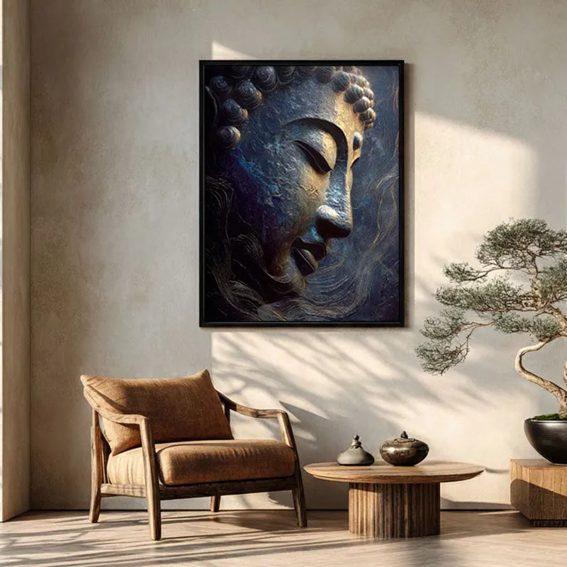 Mystic Blue Buddha Archival Paper Wall Painting With Black Frame media 1