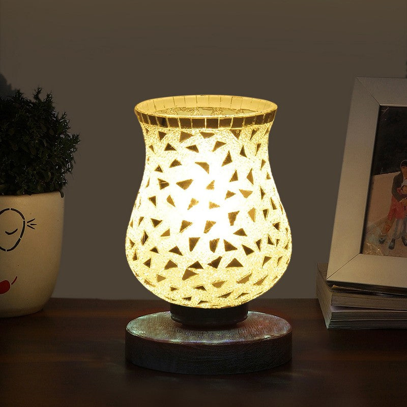 Bright Mosaic Glass Table Lamp With Wooden Base - Multicolor