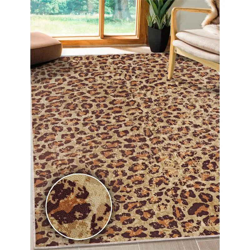 Leopard-pattern carpet styled in a room with chair and window
