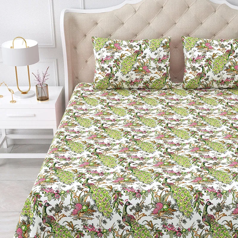 Vibrant Mor Floral Cotton Bedsheet (Green & Pink) - 160 TC media 3
