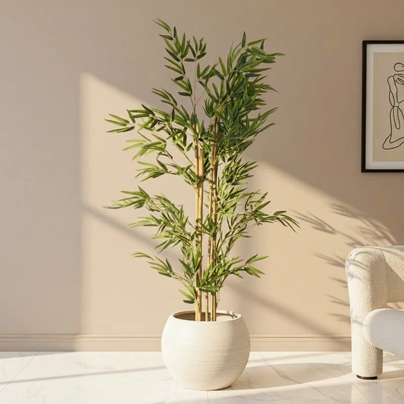 Faux Lush Tropicca Bamboo Plant With Black Plastic Pot - 5 Feet media 1