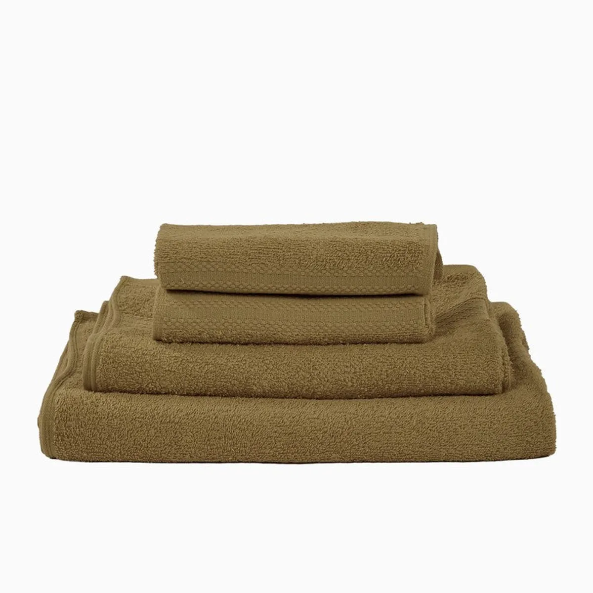 Front view of folded olive green towels stacked by size