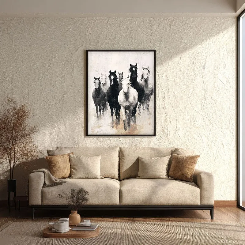 Charcoal Horse Stampede Wall Painting With Black Frame media 3