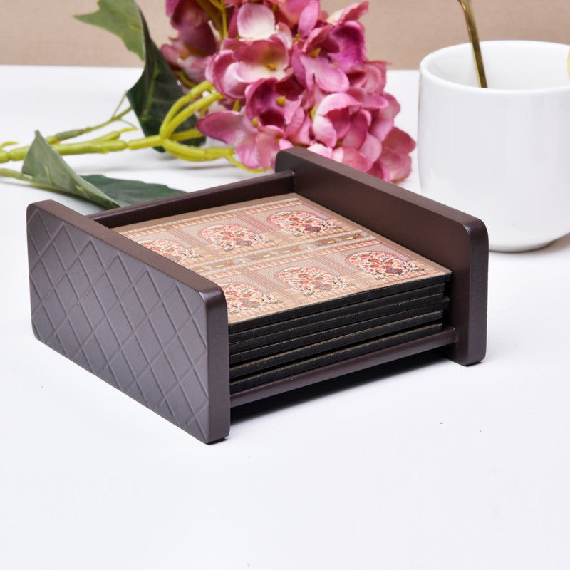 Geometric Charm Wooden Coasters with Holder - Seven Piece Set