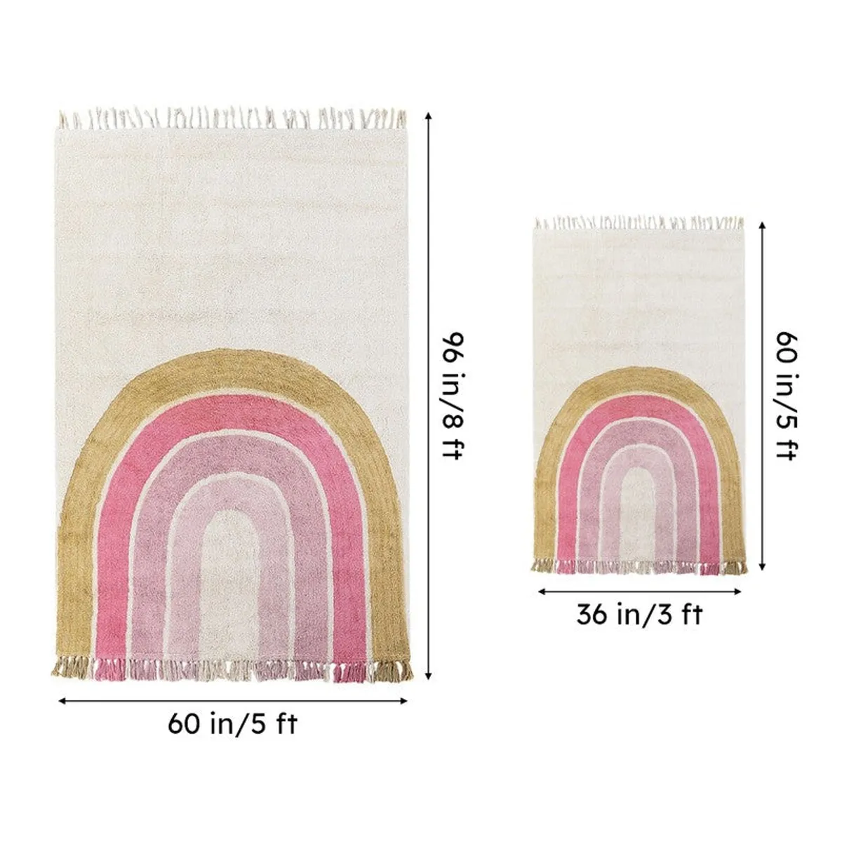 Size comparison showing the rug in 5 x 8 ft and 3 x 5 ft variants