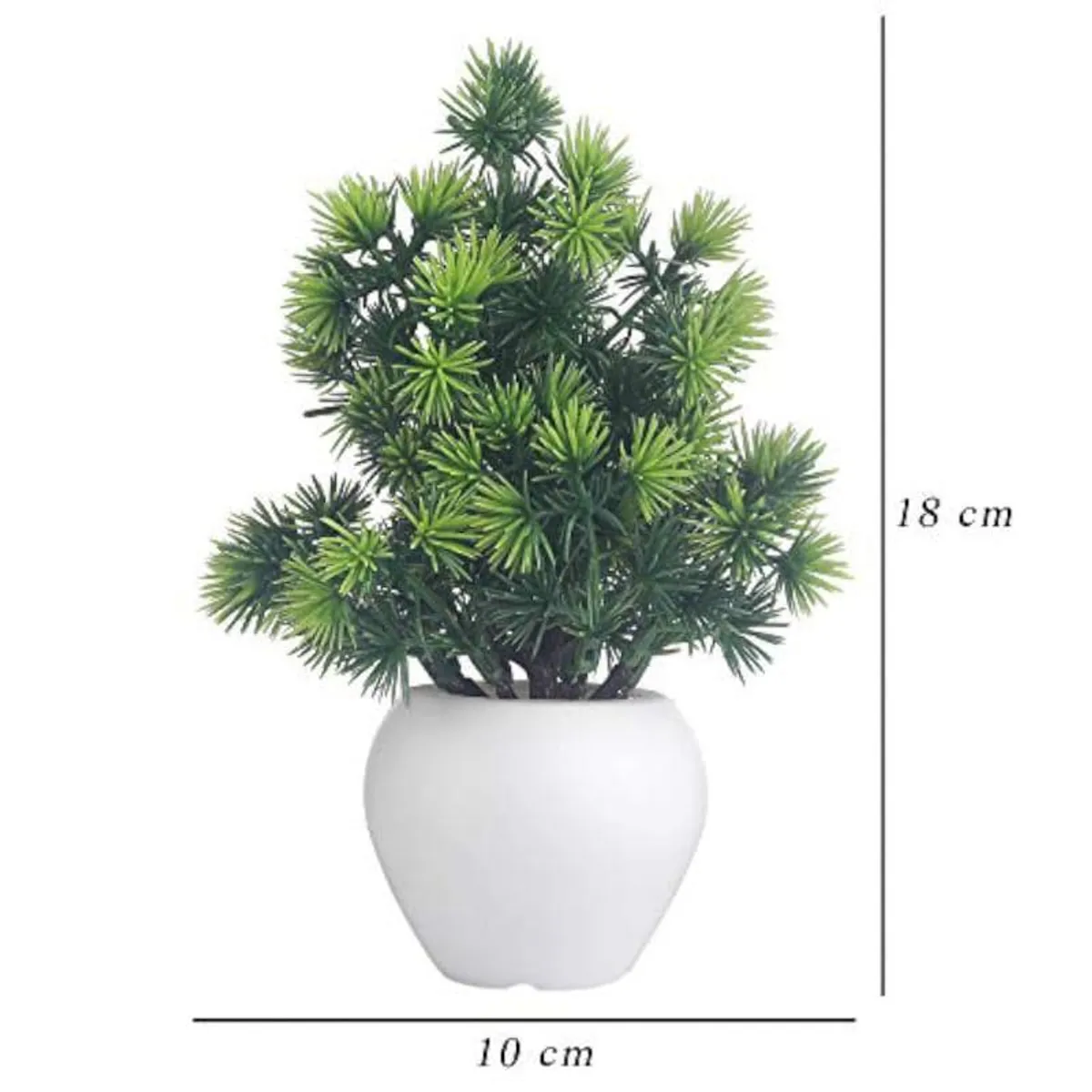 Green faux plant with dense spiky foliage in a white rounded pot