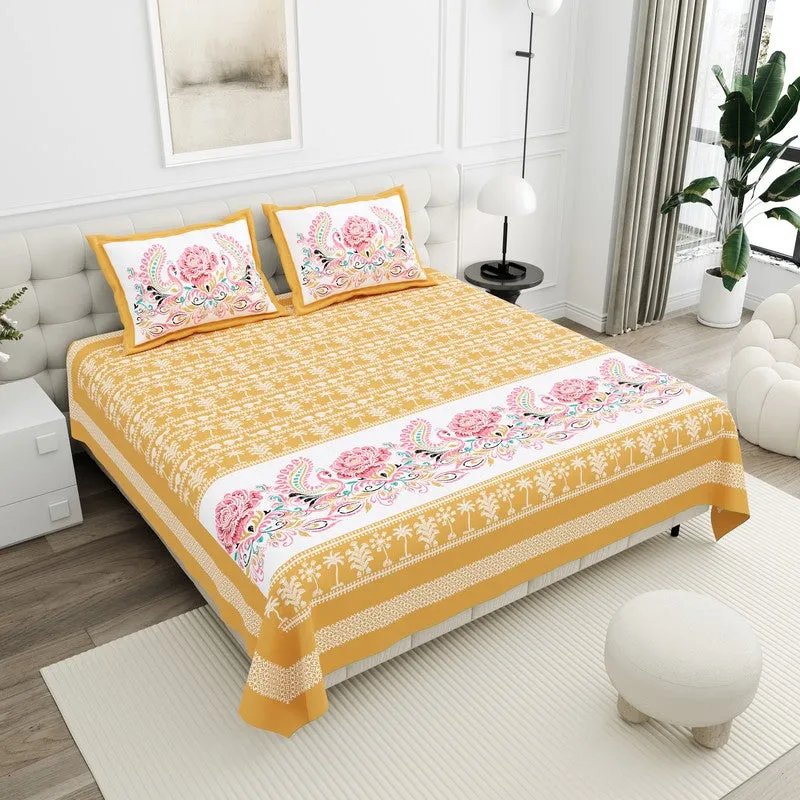 Ethnic Classic Cotton Bedsheet (Yellow,White) - 120 TC media 1