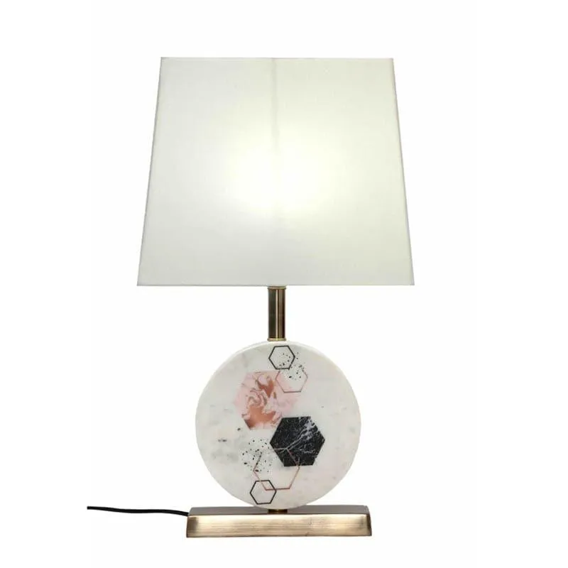 Hexa Marble & Brass Base Fabric Table Lamp - White media 3