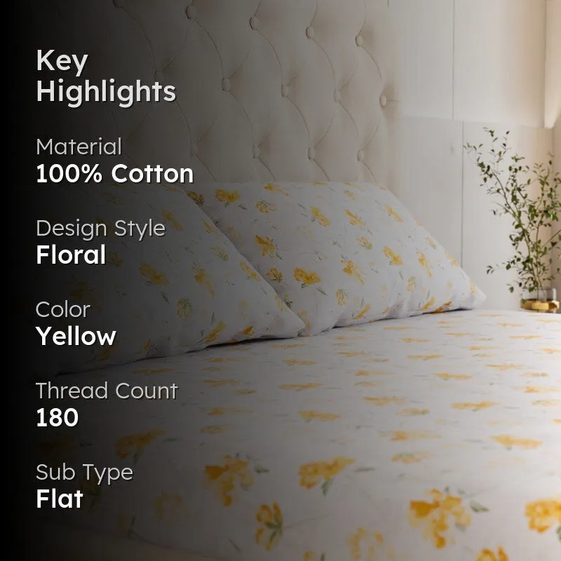 Leaflet Floral Cotton Bedsheet (Yellow) - 180 TC media 2
