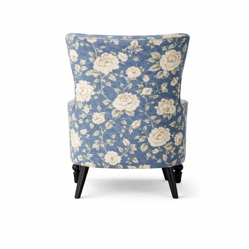Vintage Blue Blossom Teak Wood & Velvet Printed Lounge Chair media 5