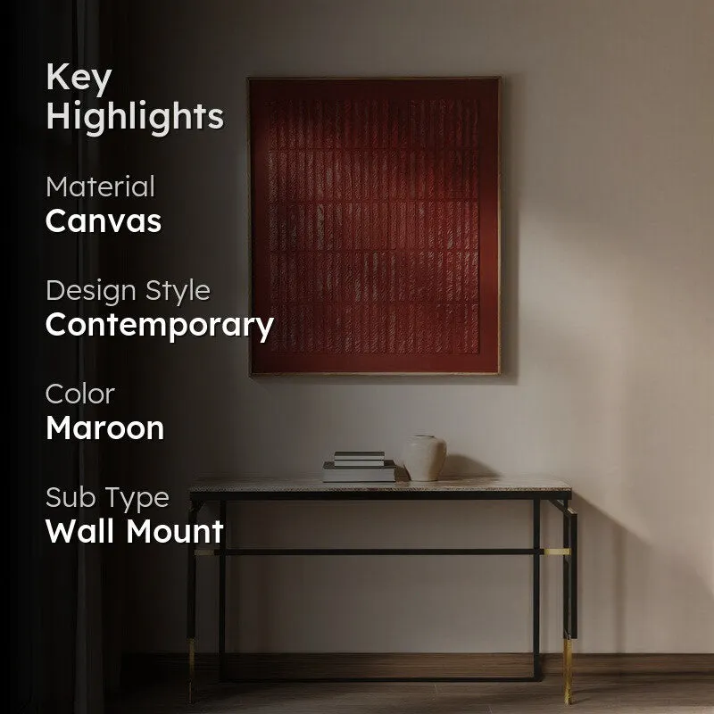Styled room scene with maroon wall art above a console table