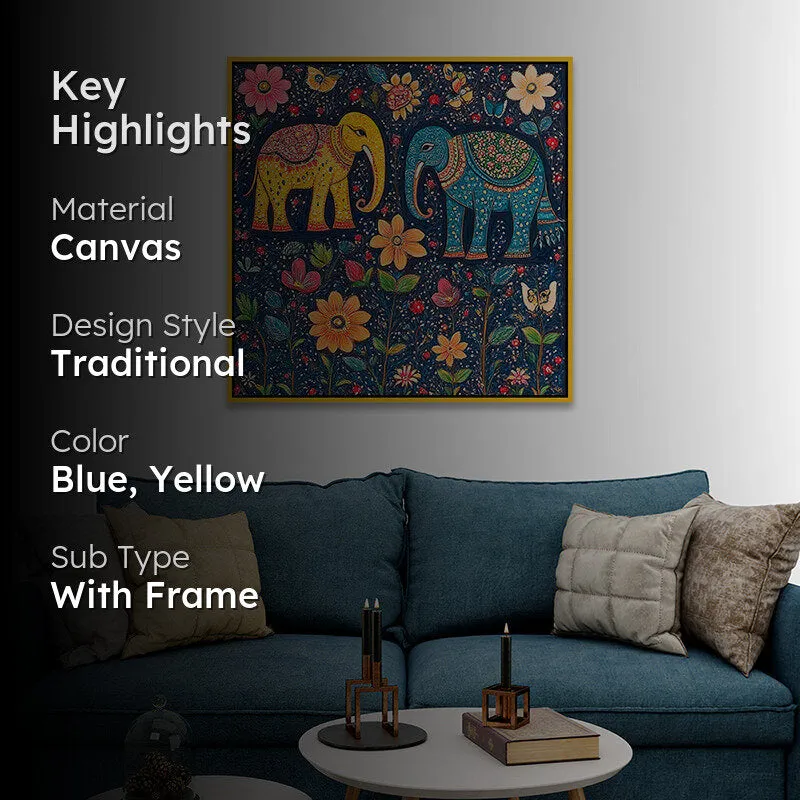 Psychedelic Haathi Canvas Wall Painting With Frame - Gold media 2