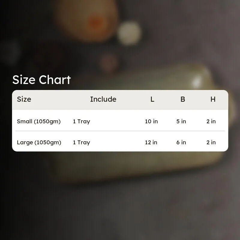Product size chart displayed over a blurred green platter