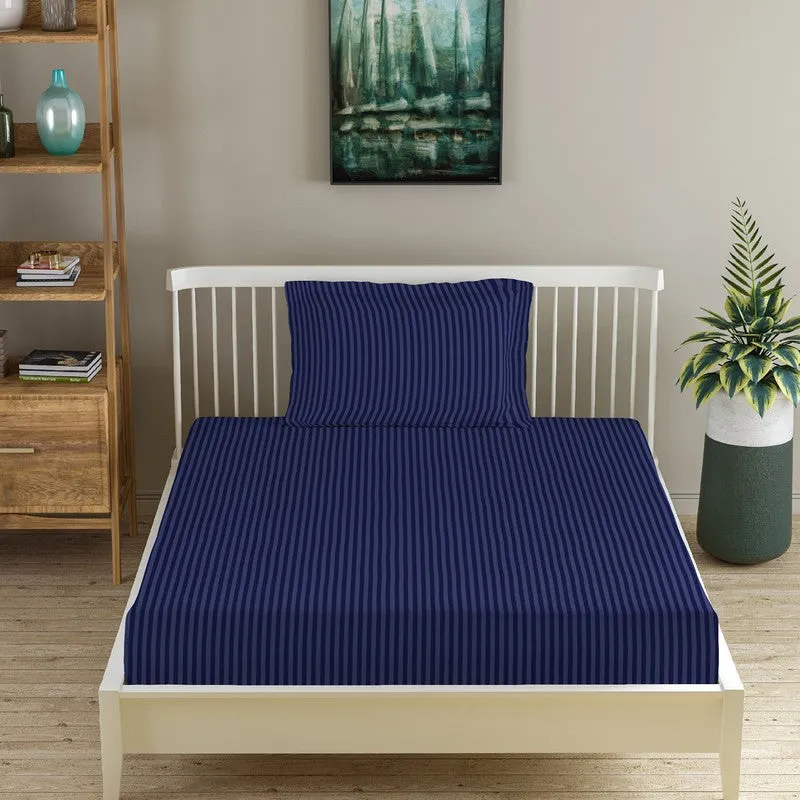 StripeScape Glace Cotton Fitted Bedsheet (Navy) - 130 GSM - 4
