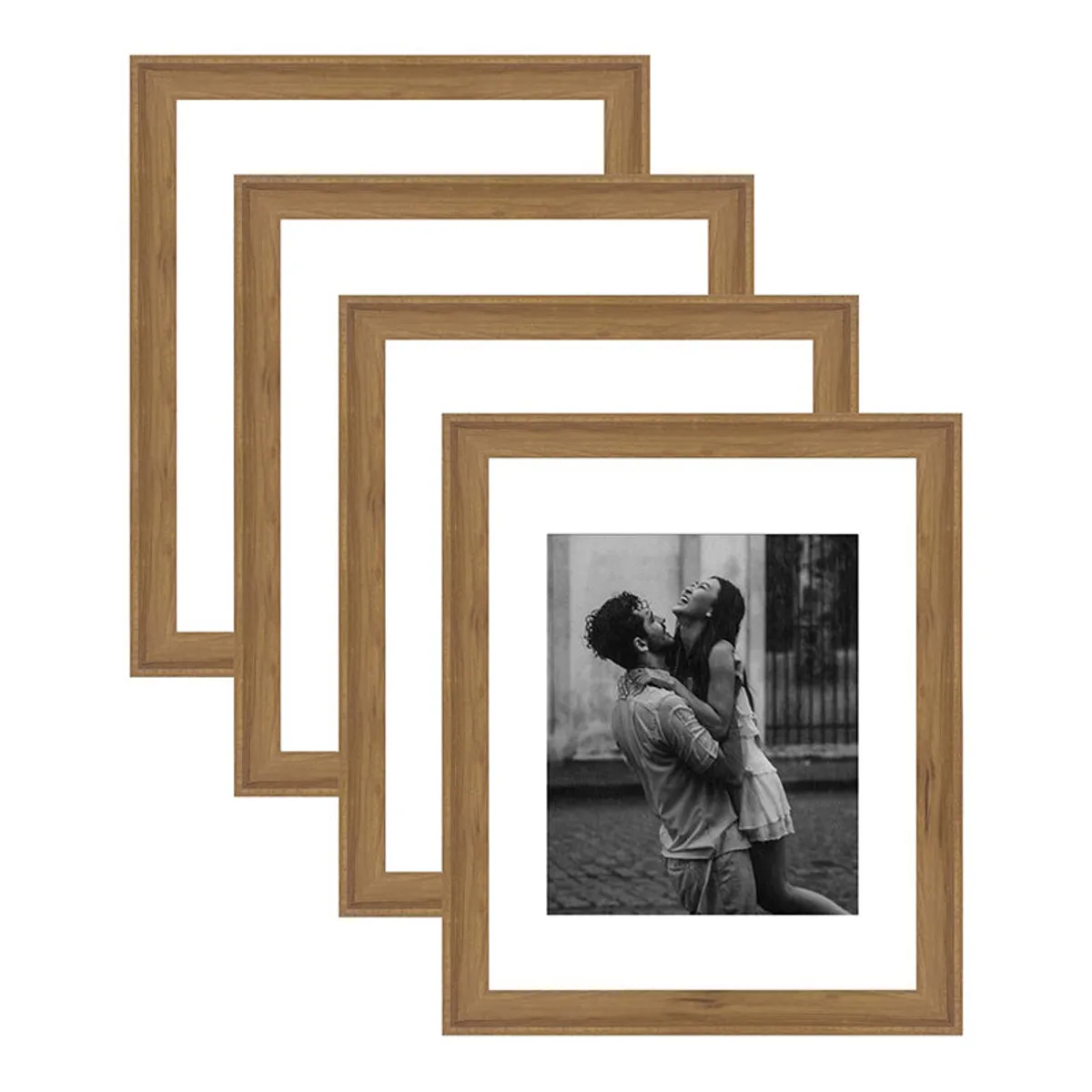 Four brown wood photo frames shown in an overlapping arrangement on a white background.