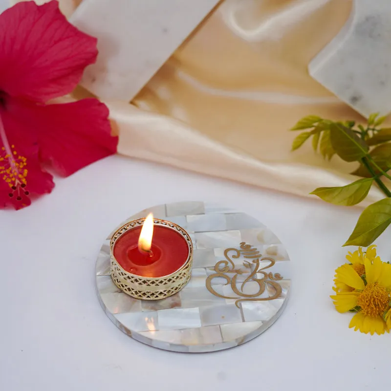 Ganesha Mother Of Pearl Tealight Candle Holder With Marble Base media 3