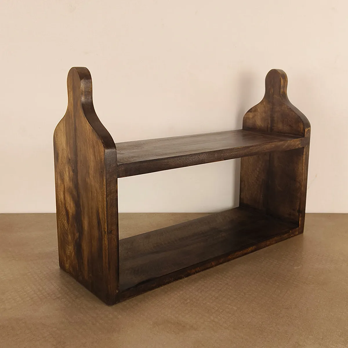 Empty brown wooden kitchen stand with two open shelves