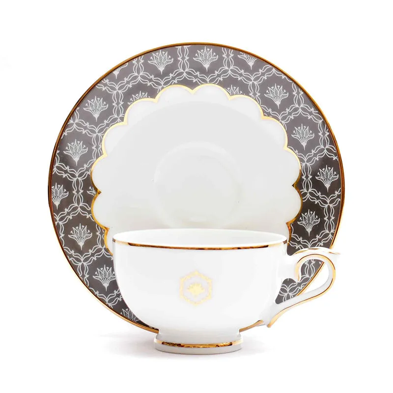 Gilded Legacy 24k Gold Brushed Porcelain Tea Cup & Saucer (Grey/ 280 mL) - Set of Six media 4