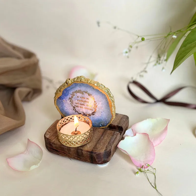 Gayathri Mantra Handcrafted Agate Religious Accent With Tealight Candle Holder - Blue media 4