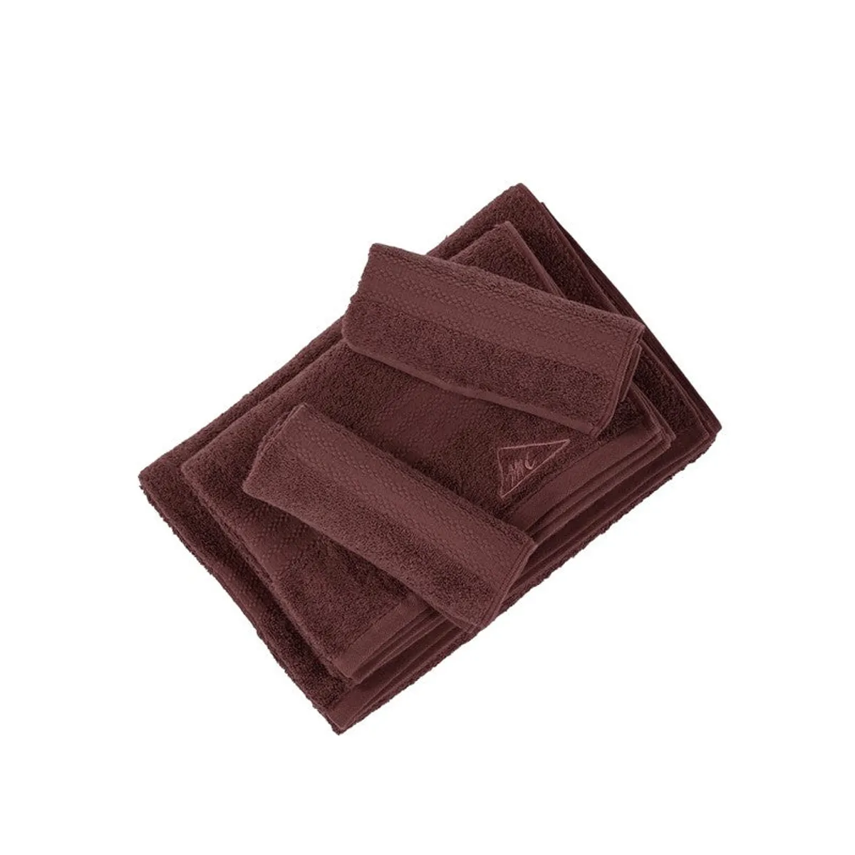 Brown towel set folded and layered on a white background.