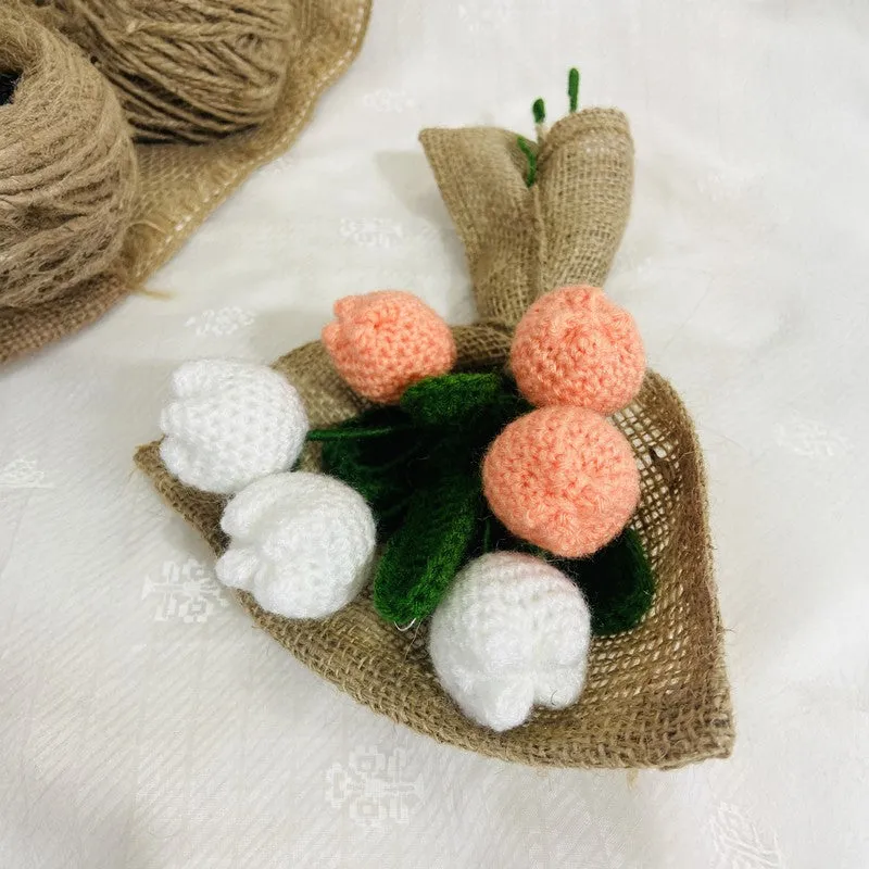 Crochet Handmade Rose Bouquet (White,Peach) - Set Of Six media 5