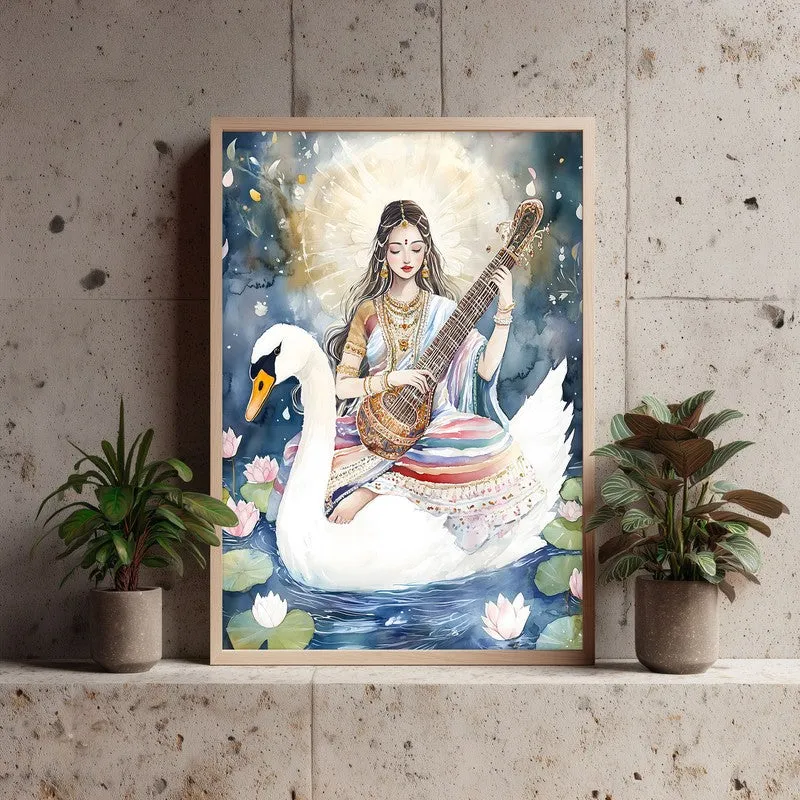 Vidya Swarupini Spiritual Archival Paper Wall Painting - Natural Brown Frame media 3