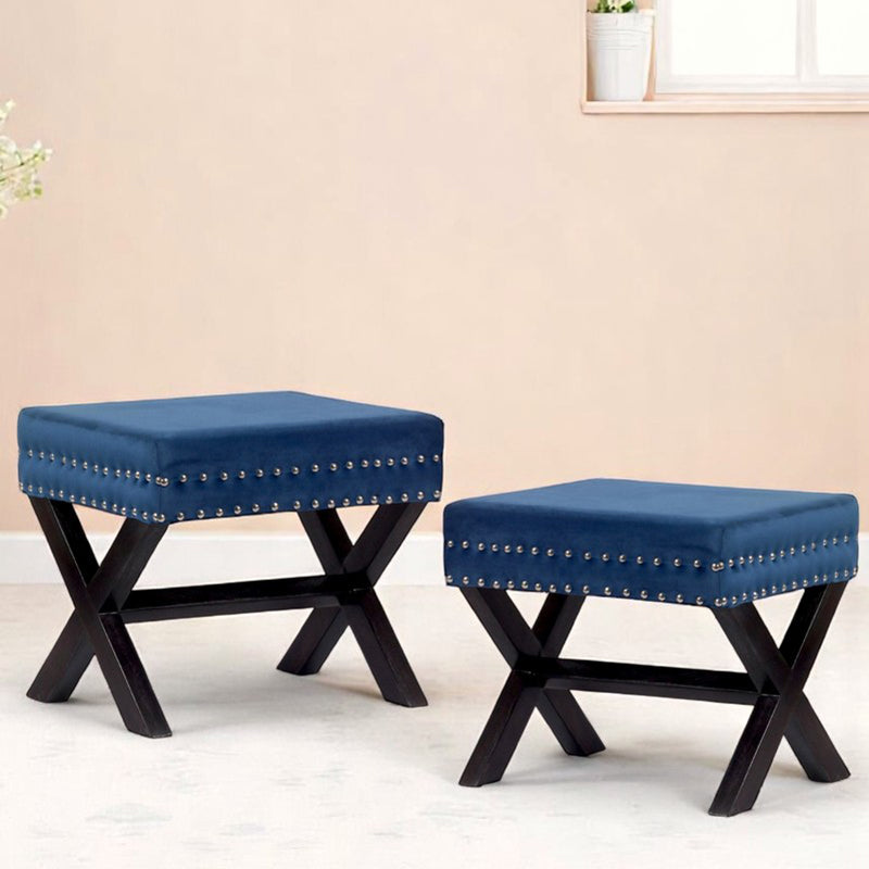 Jynex Sheesham Wooden Stools (Blue) - Set Of Two