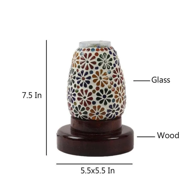 Floral mosaic glass table lamp with wood base on white background