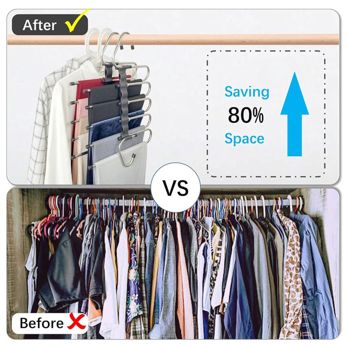 Multi-tier hangers displayed on a wardrobe rod above a crowded closet comparison image