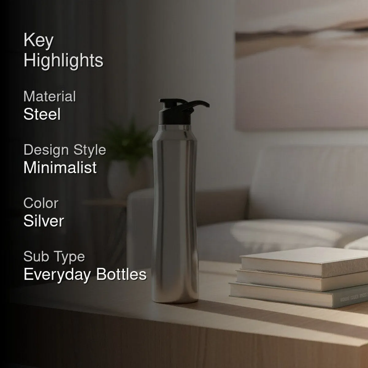 Silver steel bottle with minimalist highlight text overlay