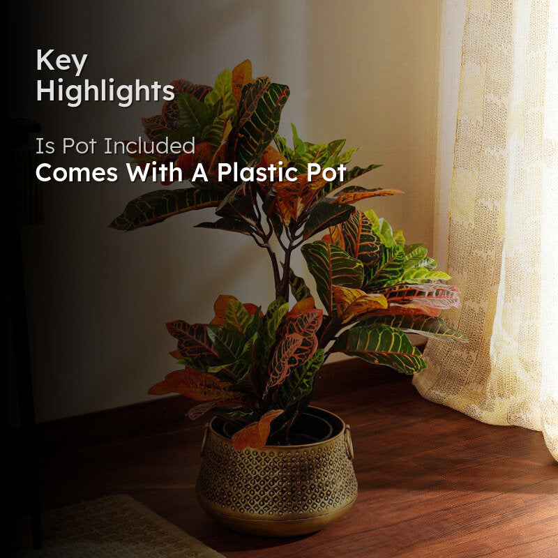 Artificial Realistic Croton Plant With Black Plastic Pot - 2.8 Feet media 2