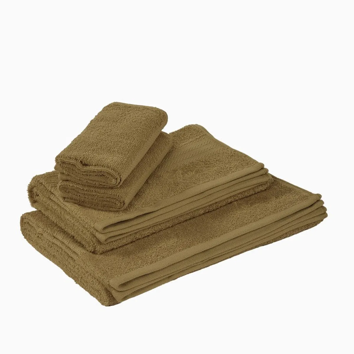 Stacked olive green bath and hand towels on a white background