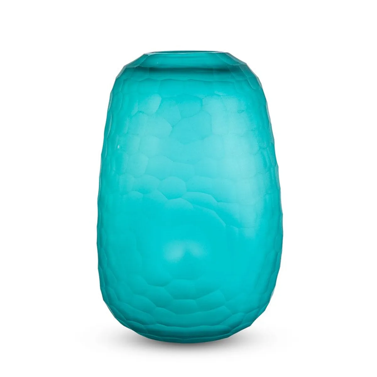 Front view of a blue textured glass vase on a white background