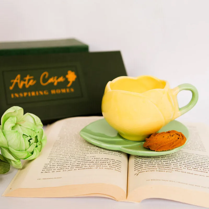Tulip Glaze Yellow & Green Mug & Saucer (300 Ml) - Two Piece Set media 1