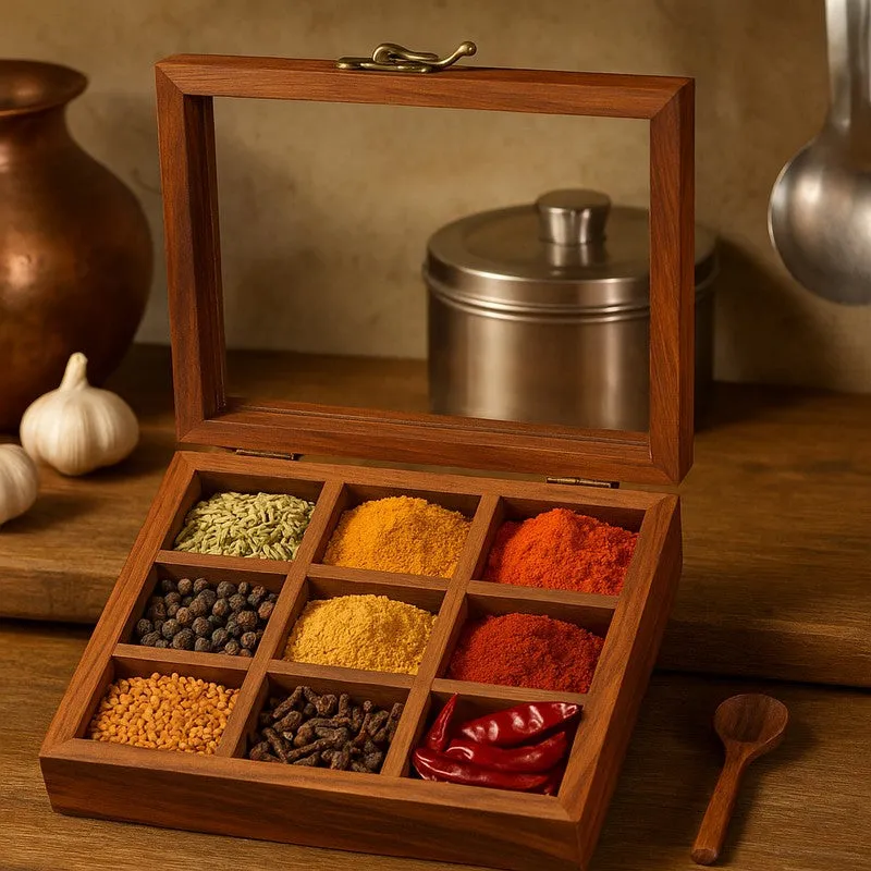 Aroma Sheesham Wood Rectangle Masala Box - Two Piece Set media 6
