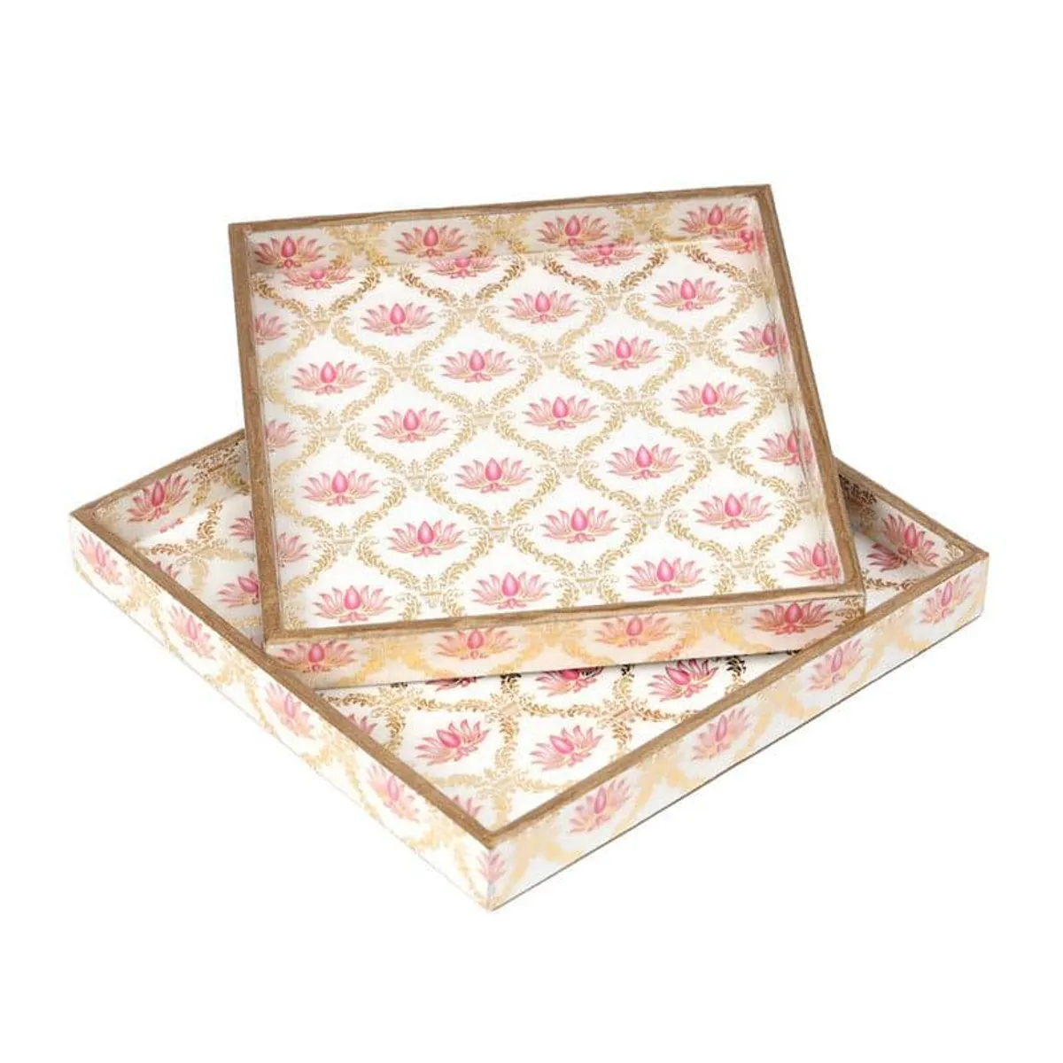 Two square floral serving trays stacked to show their raised edges