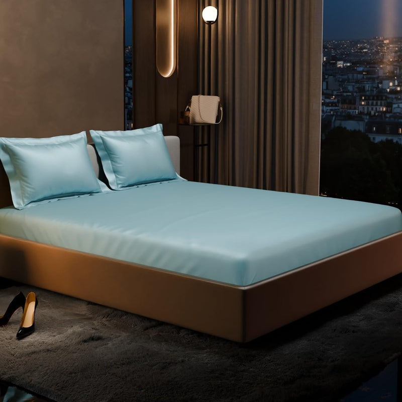 Purelle Satin Fitted Bedsheets (Light Blue) - 150 GSM