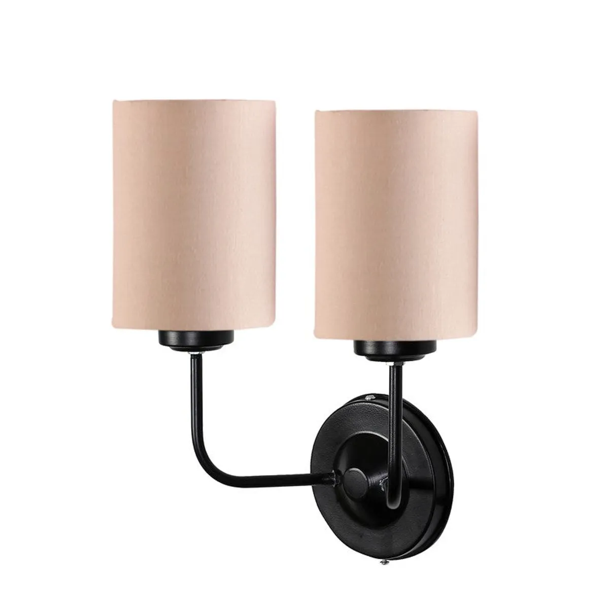 Angled view of muted beige wall lamp with black iron base