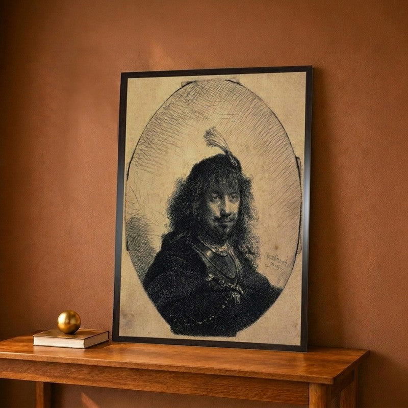 Self-Portrait in a Cap with a Plume and a Sabre, 1634 Canvas Wall Painting - 9 x 12 Inches