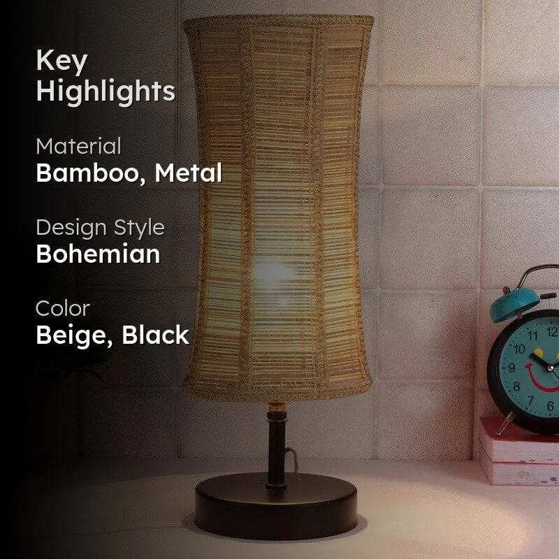 Lit bamboo table lamp with black base and text overlay