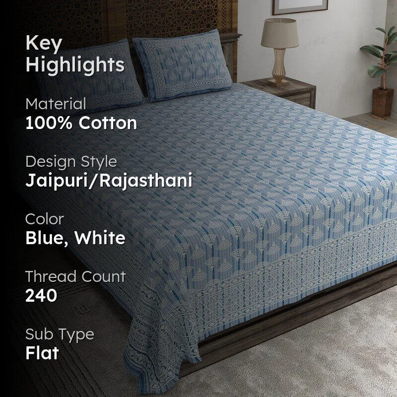 Craftis Cotton Bedsheet (Blue,White) - 240 TC media 2