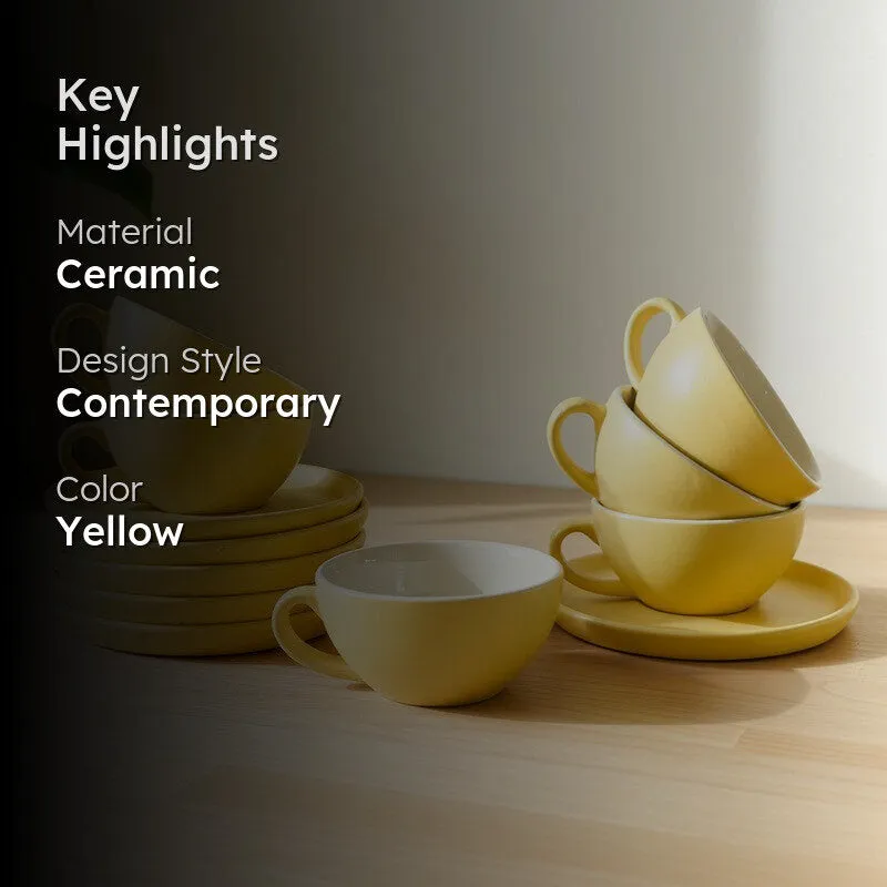Ceramic Cup & Saucer (Yellow/240 mL Each) - Set of Six media 2